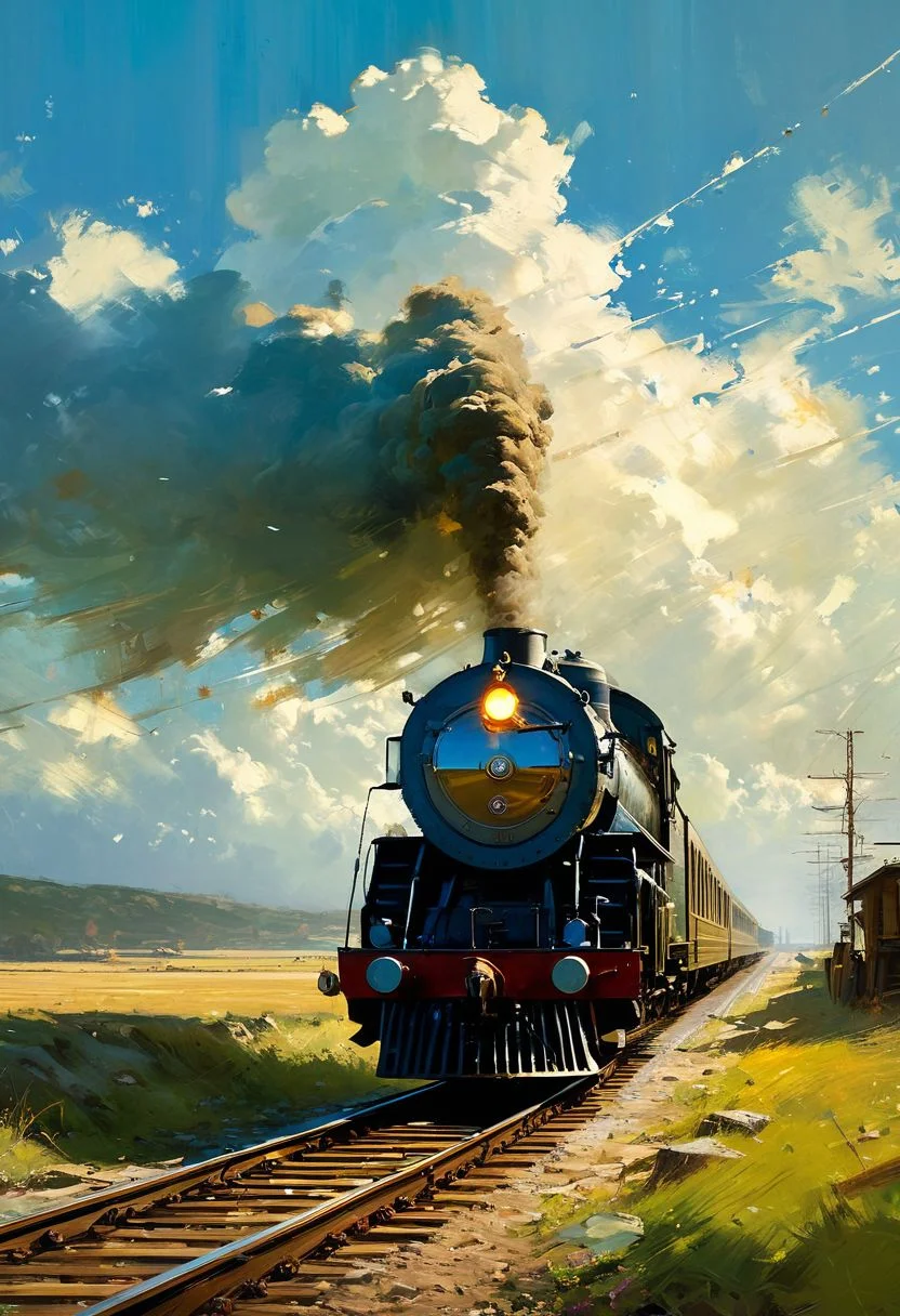 ((masterpiece, best quality, high quality, highres, ultra-detailed)),  ,a moving train <lora:soldart:0.6> <lora:AngelicAI:0.1> <lora:add_detail:1>,, against the background of the a moving train, blue sky, sunny day, epic clouds, (oil painting:0.1),  (best quality, 8K, high resolution, extreme detail, outstanding composition:1.4), art by Jeremy Mann, god rays, dramatic light,   (oxygen-rich air and sheltered atmosphere, , aesthetic of hard - edge painting:0.1),