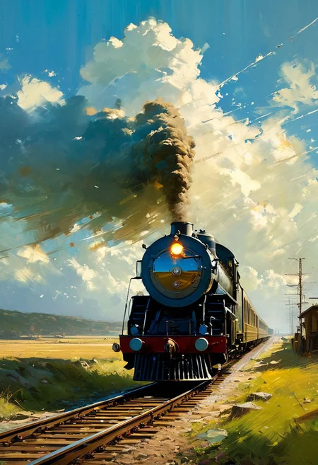((masterpiece, best quality, high quality, highres, ultra-detailed)),  ,a moving train <lora:soldart:0.6> <lora:AngelicAI:0.1> <lora:add_detail:1>,, against the background of the a moving train, blue sky, sunny day, epic clouds, (oil painting:0.1),  (best quality, 8K, high resolution, extreme detail, outstanding composition:1.4), art by Jeremy Mann, god rays, dramatic light,   (oxygen-rich air and sheltered atmosphere, , aesthetic of hard - edge painting:0.1),