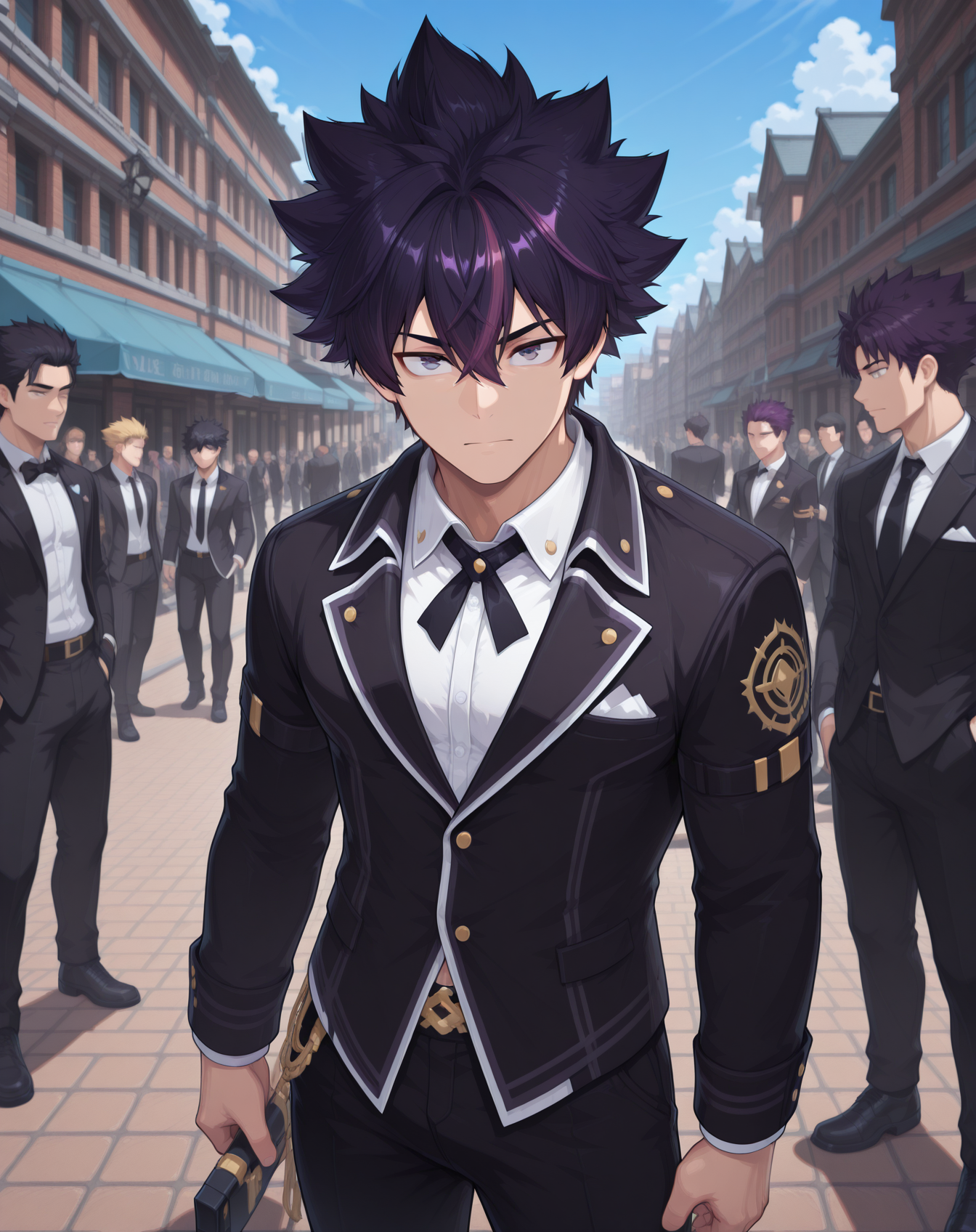 masterpiece,best quality,amazing quality, newest, very aesthetic, absurdres,
1boy, solo, yaoi, male focus, looking at viewer, cowboy shot, standing,
 <lora:Sieghart_Old_Limit_Break_ilxl:1> siegolb, spiked hair, black hair, greyeyes, short hair, purple hair, multicolored hair, hair between eyes,
formal, tuxedo, neck ribbon, white shirt, collared shirt, black pants, shoes, black footwear, suit jacket, black jacket,
outdoors, day, blue sky, building, people,