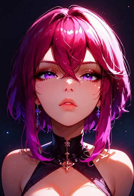 (score_9, score_8_up, score_7_up), 1girl, two-toned hair, purple and red hair, multicolored hair, short hair, (crossed bangs), hair between eyes, sidelocks, perky breasts, cleavage, pretty face, slim eyebrows, purple eyes, <lora:DetailedEyes_V3:1>, beautiful eyes, (expressionless), (red eyeshadow:0.8), face focus, looking forward, looking straight,close up shot, night, volumetric lighting, vivid colours, g0thicPXL, glowing, neon, SimpleNegativeV3