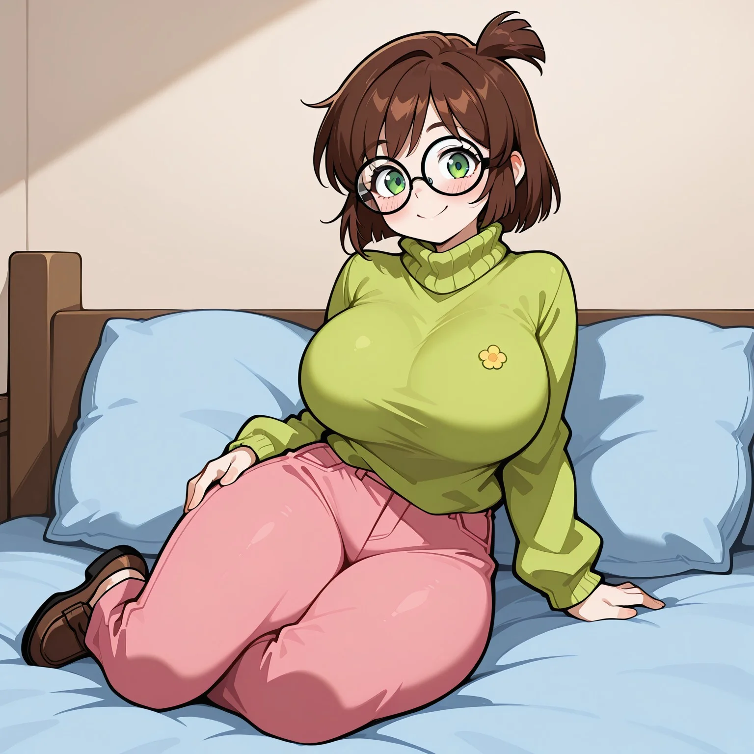 masterpiece, best quality, amazing quality, very aesthetic, absurdres, newest, score_9, score_8_up, 1girl, solo, l1s4, brown hair, round eyewear, green eyes, green sweater, pink pants, brown footwear, sitting, smile, blushing, big chest, large breats, large hips, cute, adorable, happy, bedroom, blue bed, 2d,