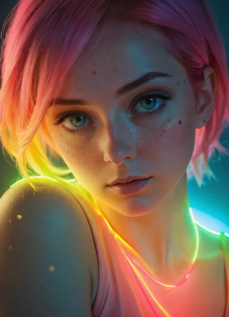 cinematic photo Ombre color scheme of neon pink, neon blue, neon yellow, neon green, neon orange, (semi-real) 32-year-old, middle-aged, woman in summer dress, flowers, anime artwork, grand photograph, Polaroid, annoyed girl, neon glowing hair, canon 5d mark 4, neon light, kodak ektar, feminate, curved lines, elaborate detail, subsurface scattering, ultra hd, 4k, high def, Photorealistic, Hyperrealistic, Hyper detailed, analog style, realistic, masterpiece, best quality, ultra realistic, 8k, Intricate, High Detail, film photography, soft lighting, heavy shadow <lora:sss:0.8> <lora:add-detail-xl:1> <lora:Cosine_freck:0.33> Freckles, Natural skin <lora:sdxl:0.35> , 35mm photograph, film, bokeh, professional, 4k, highly detailed