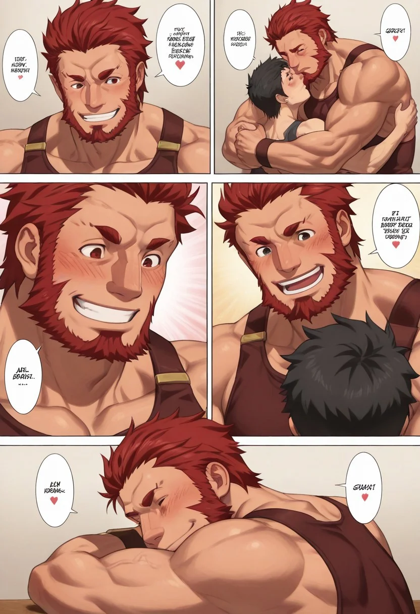 Comic page, gay Comic, High Quality, perfect body, perfect anatomy, HD, great Quality, homoerotic art, size difference, age difference, break
iskandar, perfect eyes, thick eyebrow, best quality, masterpiece, ultra details, bara, male focus, Big man, 1man, iskandar, masculine, rugged male, red hair, goatee, beard, muscular, manly face, board shoulder, muscular, thick muscular body, break
Peter, Black eyes, Black hair, short hair, Slim, smile, thin, hairless face, blushing, hugging Iskandar, break
hugging, together, looking at each other, in love with each other, Kissing, English text with romantic words