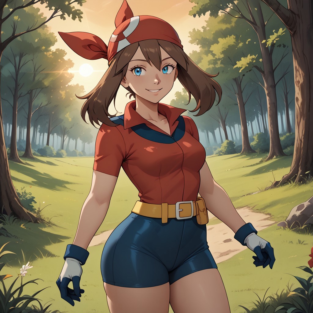 score_9, score_8, BREAK, solo, 1girl, may (pokemon), blue eyes, brown hair, bandana, long hair, red bandana, twintails, hair between eyes, blue shorts, micro skirt white, gloves, yellow belt, medium breasts, curves, sexy pose, self portrait, smile, outdoors, sunlight, shadows, evening lighting, natural lighting, forest, trees, grass, orange sky, sunset