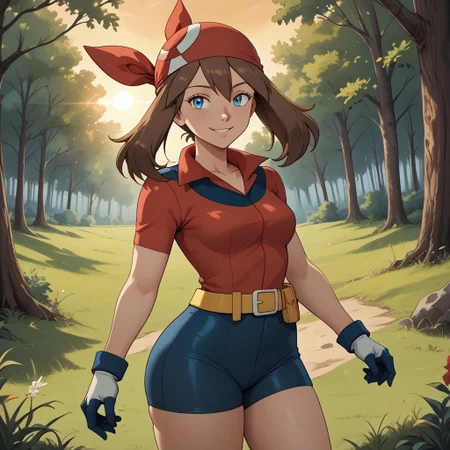 score_9, score_8, BREAK, solo, 1girl, may (pokemon), blue eyes, brown hair, bandana, long hair, red bandana, twintails, hair between eyes, blue shorts, micro skirt white, gloves, yellow belt, medium breasts, curves, sexy pose, self portrait, smile, outdoors, sunlight, shadows, evening lighting, natural lighting, forest, trees, grass, orange sky, sunset