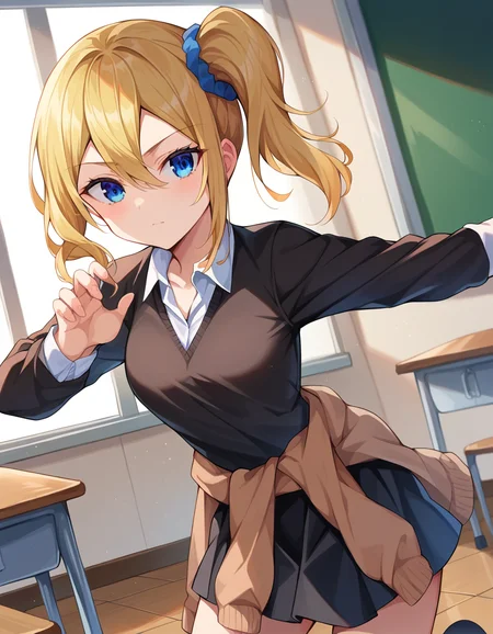 score_9, score_8_up, score_7_up, source_anime,
aihayasaka, <lora:ai-hayasaka-ponyxl-lora-nochekaiser:1>,
ai hayasaka, bangs, blue eyes, blonde hair, hair ornament, hair between eyes, sidelocks, side ponytail, scrunchie, hair scrunchie, blue scrunchie,
shirt, long sleeves, school uniform, shoes, socks, sweater, cardigan, black socks, clothes around waist, shuuchiin academy school uniform, sweater around waist, cardigan around waist,
indoors, classroom,
looking at viewer, cowboy shot, dutch angle, dynamic pose,