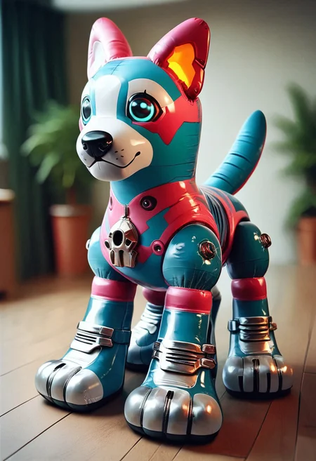 1score_9, score_8_up, score_7_up, intricate details, Latex, inflatable dog next to a cyberpunk robot