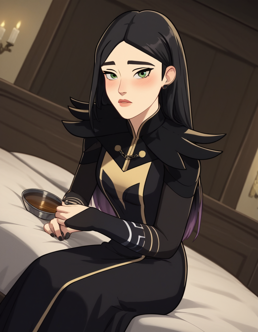 score_9, score_8_up, score_7_up, source_anime, <lora:dragon-prince-claudia-ponyxl-lora-nochekaiser:1>, claudia, long hair, black hair, green eyes, lips,, long sleeves, dress, jewelry, earrings, nail polish, black dress, black nails,, indoors, bed, bed room, on side, blush, drunk, looking at viewer, solo, cowboy shot, dutch angle