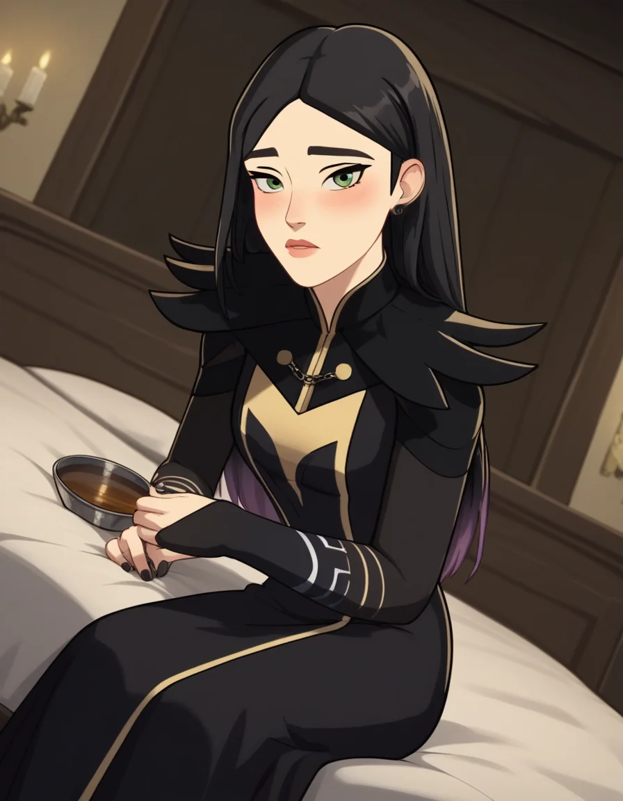 score_9, score_8_up, score_7_up, source_anime, <lora:dragon-prince-claudia-ponyxl-lora-nochekaiser:1>, claudia, long hair, black hair, green eyes, lips,, long sleeves, dress, jewelry, earrings, nail polish, black dress, black nails,, indoors, bed, bed room, on side, blush, drunk, looking at viewer, solo, cowboy shot, dutch angle
