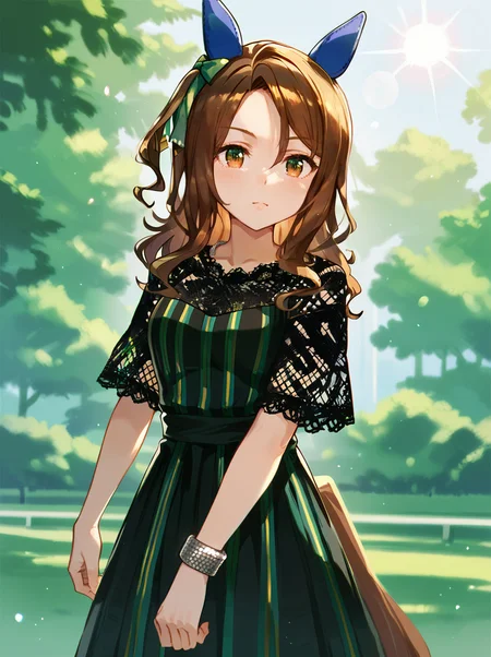 score_9, score_8_up, score_7_up, masterpiece,best_quality,
king halo \(umamusume\), 1girl, horse ears, horse tail,black dress,  blue ear covers, green ear bow,  casual, silver bracelet, black lace sleeves, green vertical stripes
cowboy shot,light rays,lens flare
 <lora:pony_king_halo_v1.02:1>