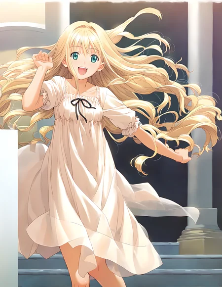 <lora:pony_xl_hortensia:0.9>,hortensia,score_9,score_8_up,score_7_up,source_anime,best quality,masterpiece,super fine illustration,1girl,solo,adorable_girl,white dress,ribbon,see-through,feet,barefoot,standing,smile,:d,laugh innocently,indoor,cowboy_shot,