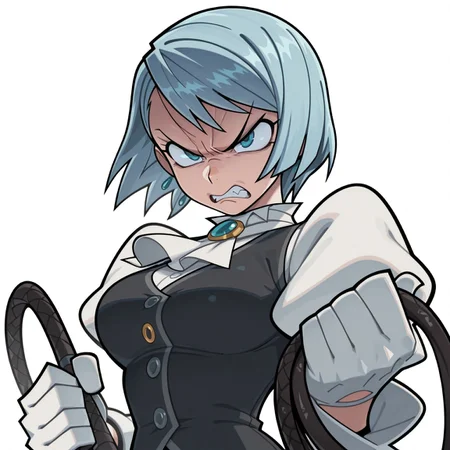 masterpiece,best quality,amazing quality,
zzzemoji, fvonkarmadg, solo, 1girl, short hair, blue hair, blue eyes, puffy sleeves, gloves, ascot, black vest, angry, holding whip,simple background, white background