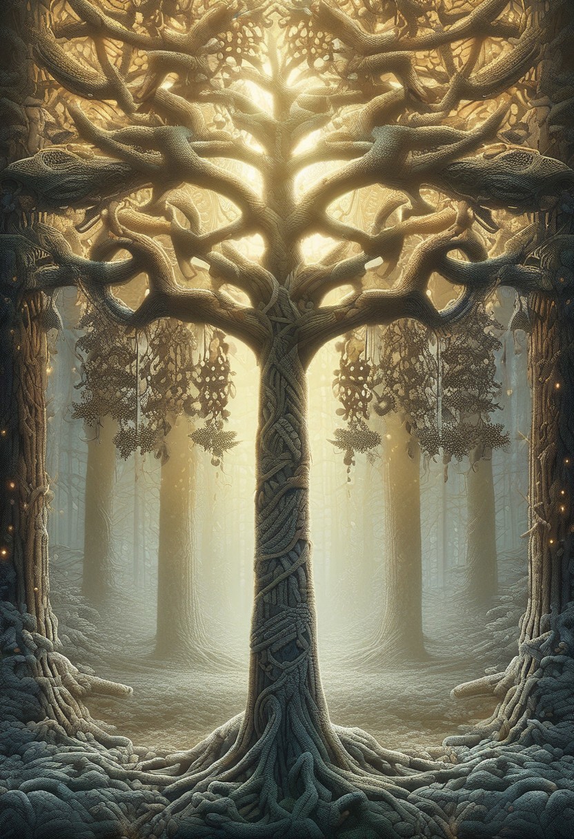 (a forest, tree:1.3) ChristmasSweater, (no humans:1.4), forest nature, lots of details, beautifully lit, a fine art painting by drew struzan and karol bak, gothic art, dark and mysterious, ilya kuvshino,