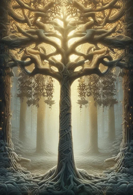 (a forest, tree:1.3) ChristmasSweater, (no humans:1.4), forest nature, lots of details, beautifully lit, a fine art painting by drew struzan and karol bak, gothic art, dark and mysterious, ilya kuvshino,