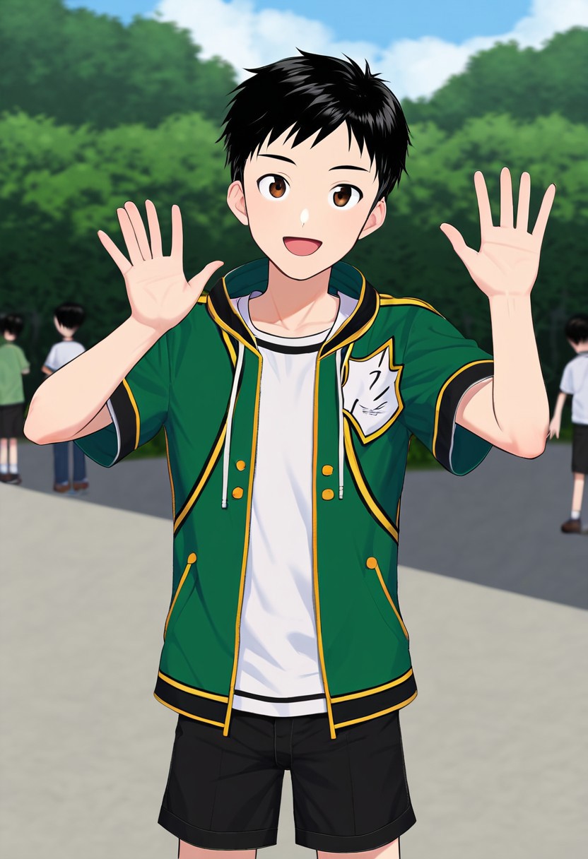 harmard, black hair, short hair, brown eyes, 1boy, solo, solo focus, wear open clothes, short sleeve, green clothes, half clothes, wear black shorts, outdoor setting, right hand waving gesture