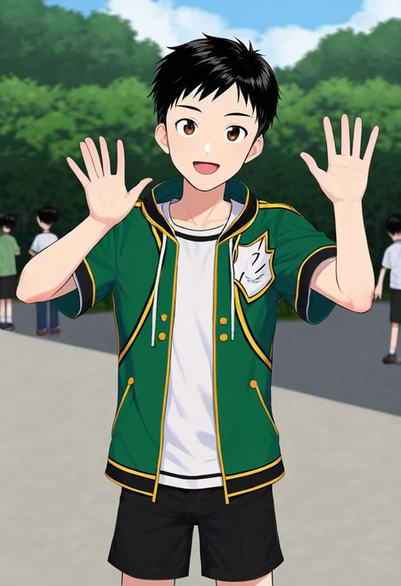 harmard, black hair, short hair, brown eyes, 1boy, solo, solo focus, wear open clothes, short sleeve, green clothes, half clothes, wear black shorts, outdoor setting, right hand waving gesture