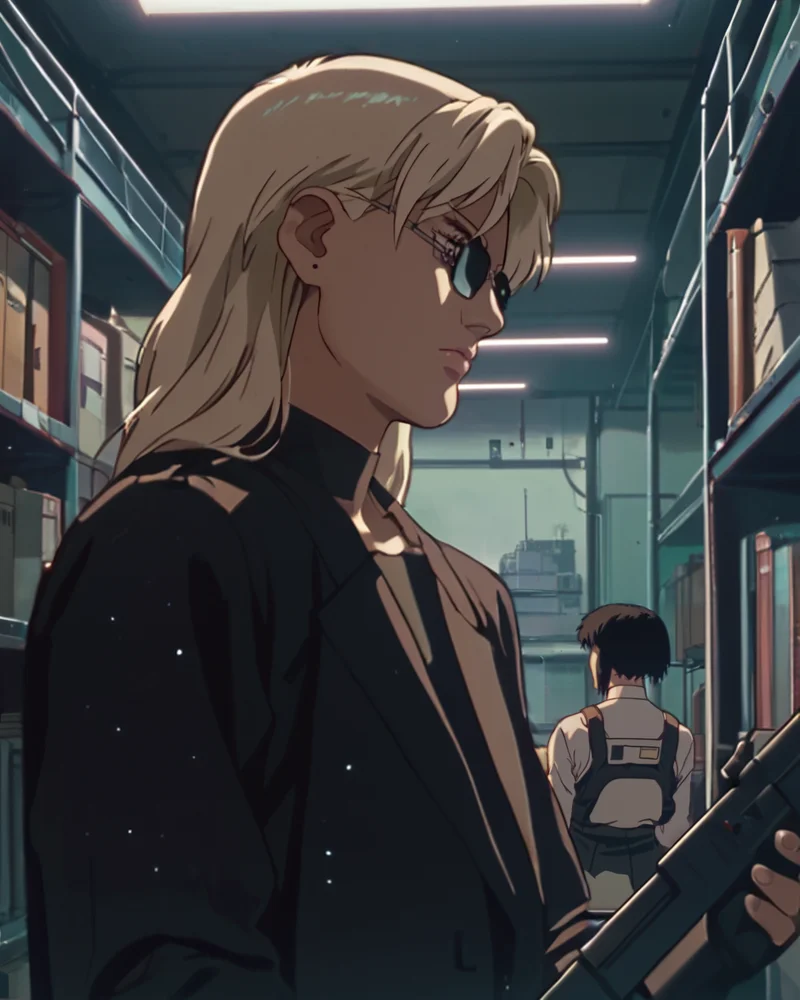 source_anime, (masterpiece), score_9, score_8_up, score_7_up, score_6_up, retrostyle,cyberpunk, ghostshell,  blond women with sunglasses blond  holding a gun, no text ,inside warehouse , retrostyle, best quality, high resolution, highly detailed, intricate details, <lora:add-detail-xl:.5> <lora:Ghost_in_the_Shell_1995_Pony:1>