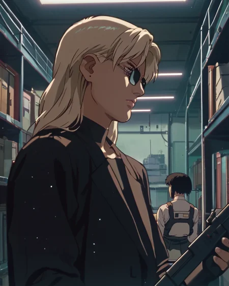 source_anime, (masterpiece), score_9, score_8_up, score_7_up, score_6_up, retrostyle,cyberpunk, ghostshell,  blond women with sunglasses blond  holding a gun, no text ,inside warehouse , retrostyle, best quality, high resolution, highly detailed, intricate details, <lora:add-detail-xl:.5> <lora:Ghost_in_the_Shell_1995_Pony:1>