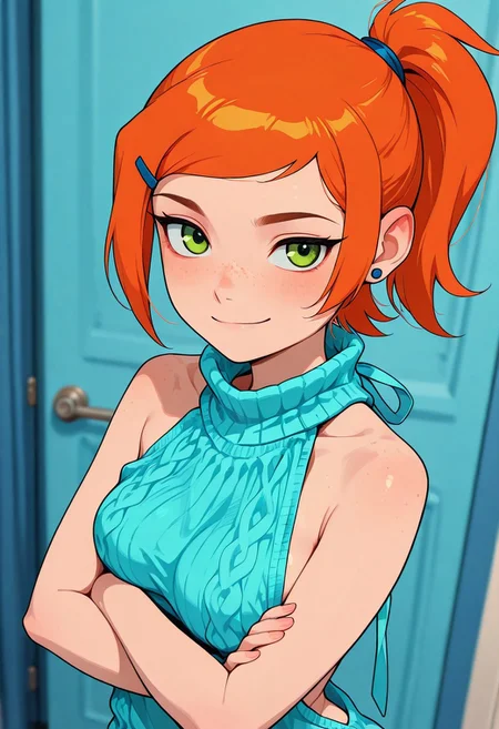masterpiece, best quality, good quality, very aesthetic, absurdres, newest, 8K, depth of field, focused subject,
 close up, stylized, wabi sabi, 
1girl, Gwendolyn_Tennyson, orange hair, medium hair, ponytail, freckles, cute,
slight smile,
virgin killer sweater,
medium breasts,
dynamic angle, 
standing, arms crossed,