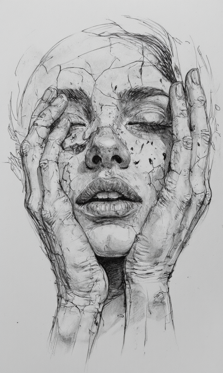 Art by Patrick Jones. Shading, Freehand Drawing, Loose Lines, Gestural, Outline. A highly detailed, realistic pencil drawing of a woman's face with cracked skin, created using a blend of realistic and stylized lines. the woman, positioned in the middle of the image, is facing the viewer with her eyes closed and her mouth slightly open, revealing her lips. her hands are pressed against her face, creating a sense of distress and vulnerability. her facial features are detailed and realistic, with a focus on texture and shading. the background is a plain white, allowing the focus to be on the woman's expression and the cracks in her skin. the image is in black and white, with no other objects or features in the background, making it a striking piece of art.
