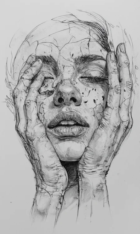 Art by Patrick Jones. Shading, Freehand Drawing, Loose Lines, Gestural, Outline. A highly detailed, realistic pencil drawing of a woman's face with cracked skin, created using a blend of realistic and stylized lines. the woman, positioned in the middle of the image, is facing the viewer with her eyes closed and her mouth slightly open, revealing her lips. her hands are pressed against her face, creating a sense of distress and vulnerability. her facial features are detailed and realistic, with a focus on texture and shading. the background is a plain white, allowing the focus to be on the woman's expression and the cracks in her skin. the image is in black and white, with no other objects or features in the background, making it a striking piece of art.
