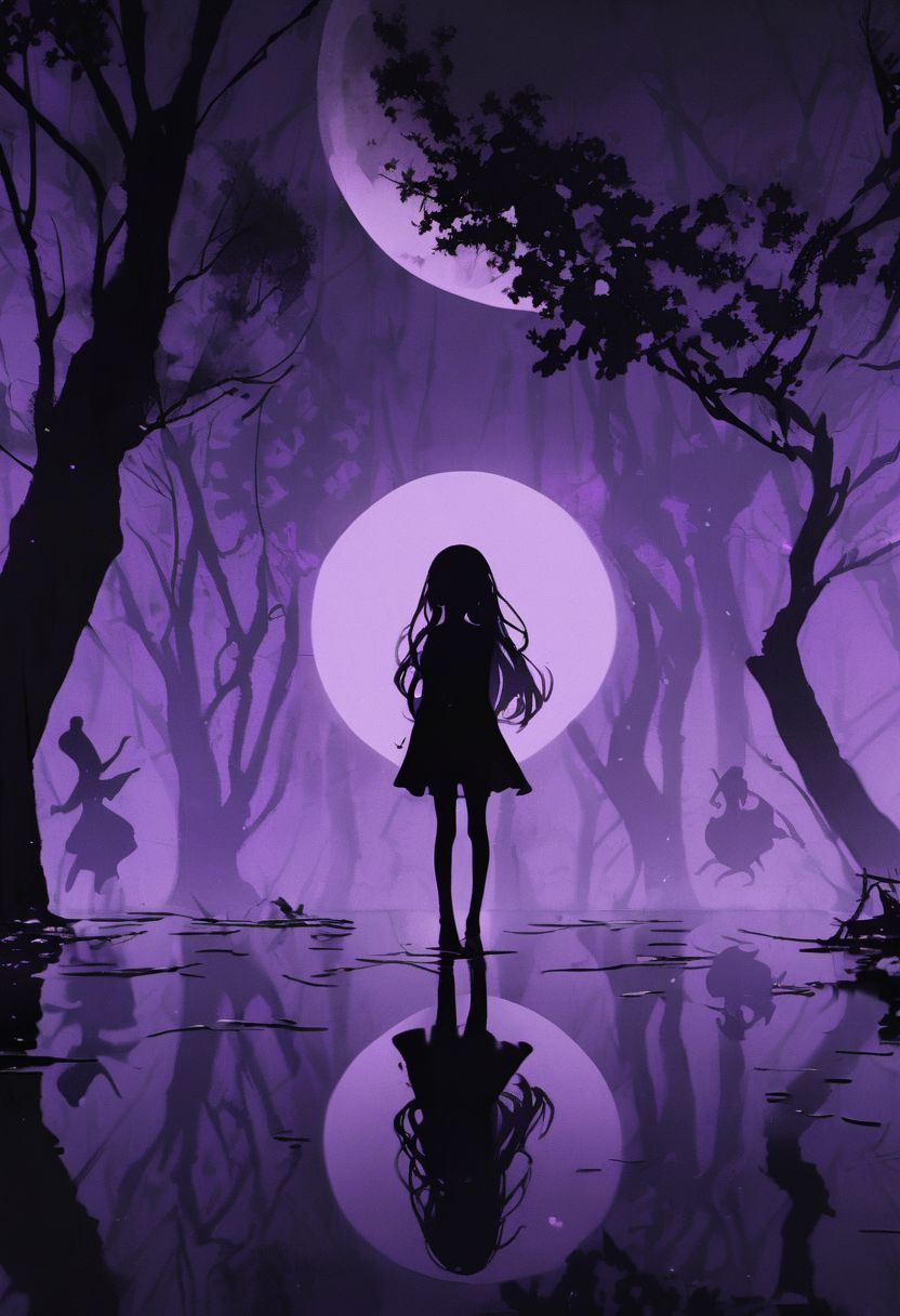a pitch black setting with a (silhoutte) of a beautiful long haired girl lit up by a purple hue, magical, silhouette, purple theme, purple skies, tree silhouette, eyes closed, ephemeral, reflection, moon <lora:sdxl\add -detail-xl> <lora:sdxl\xl_more_art-full_v1>, small body, petite body, Skinny body