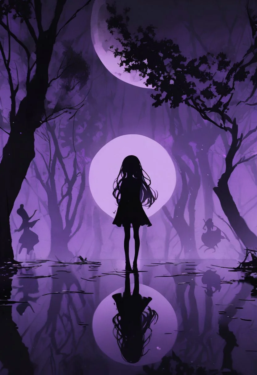 a pitch black setting with a (silhoutte) of a beautiful long haired girl lit up by a purple hue, magical, silhouette, purple theme, purple skies, tree silhouette, eyes closed, ephemeral, reflection, moon <lora:sdxl\add -detail-xl> <lora:sdxl\xl_more_art-full_v1>, small body, petite body, Skinny body