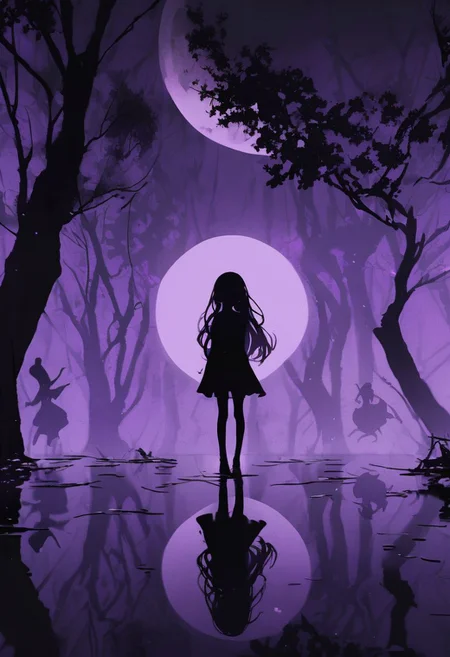 a pitch black setting with a (silhoutte) of a beautiful long haired girl lit up by a purple hue, magical, silhouette, purple theme, purple skies, tree silhouette, eyes closed, ephemeral, reflection, moon <lora:sdxl\add -detail-xl> <lora:sdxl\xl_more_art-full_v1>, small body, petite body, Skinny body