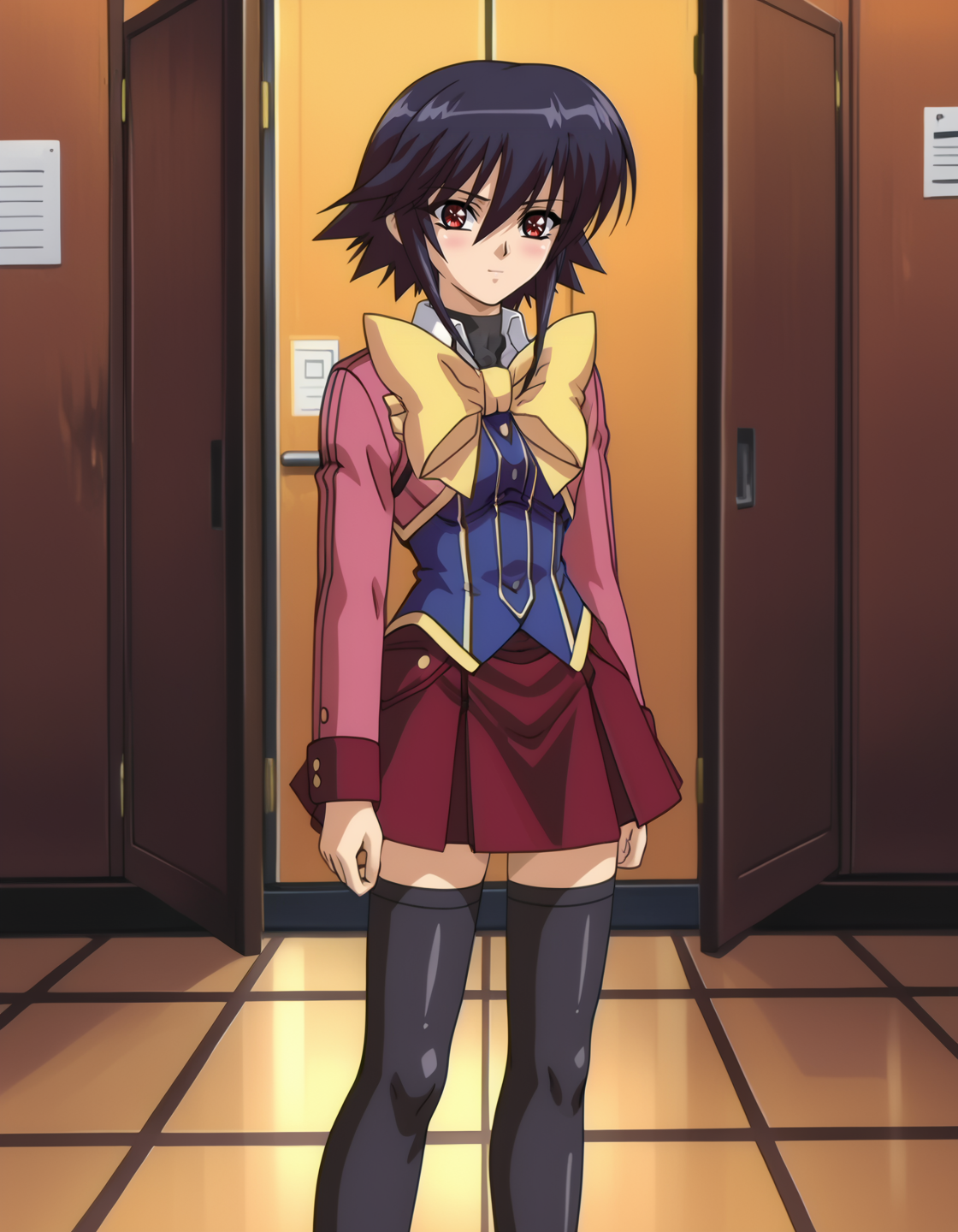 KaganoAi, 1girl, short hair, (sidelocks), red eyes, black hair, school uniform, long sleeves, black thighhighs, red skirt  <lora:KaganoAi-prodigy-4-4-3:1>, solo