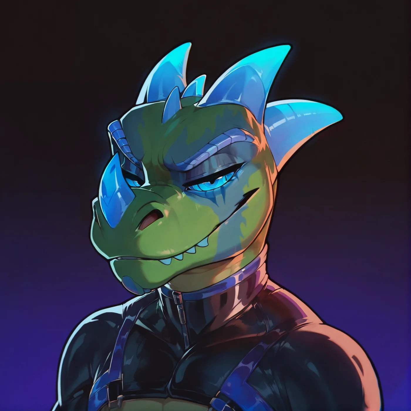 <lora:kabsraptorxl:0.95>, source_furry, vergence (kabscorner), solo, male, flat chest, raptor, glowing blue horns, head focus, green body, snout, blue sclera, blue eyes, latex bodysuit, bedroom eyes, dark atmosphere, (blue glow), neon, low lighting, rimlight, black background, front facing, neon spotlight, darkness, blue face markings, green skin, bald, (from front), purple glow in background, smirk, confident, eye scar, chin frills,
score_9, score_8_up, score_7_up, <lora:incase---1:0.4>, <lora:ugly_style:-1>, zPDXL2, <lora:g0th1cPXL:0.2>, <lora:43stl1ght1ngXLP2:0.4>, <lora:feralraptorxl:0.2>, <lora:4sh1pwr1ghtXLP:0.4>