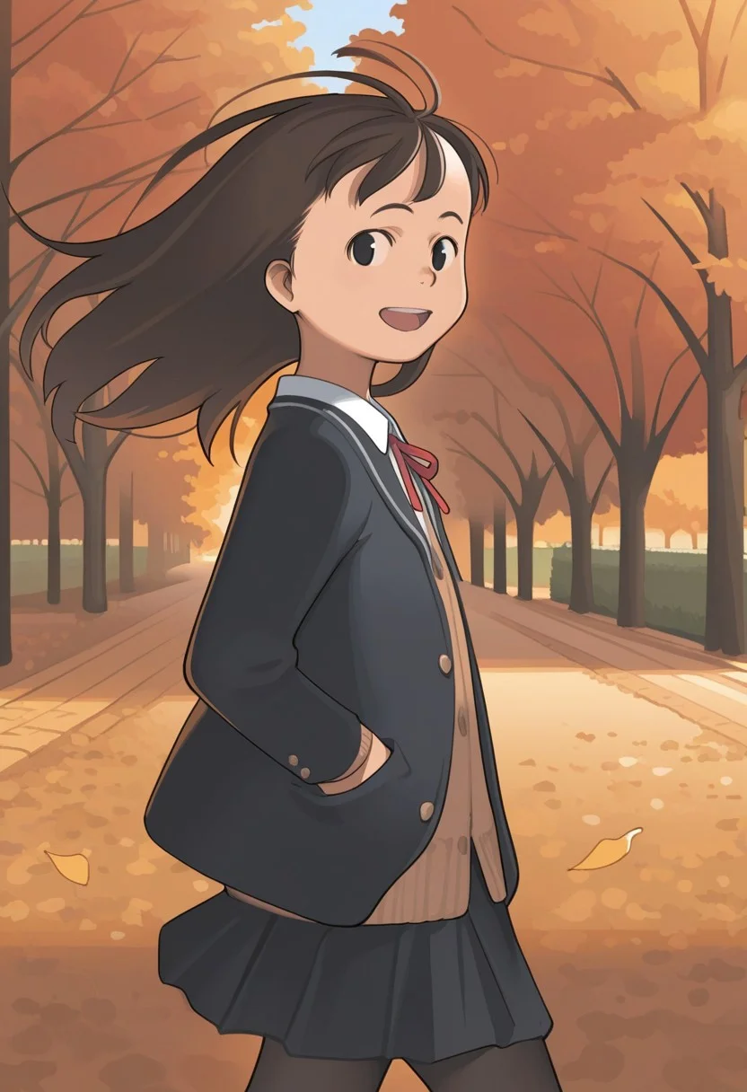 1girl, solo, takamichi, brown hair, long hair, open mouth, smile, looking at viewer, white shirt, brown cardigan, neck ribbon, black jacket, open jacket, black skirt, pleated skirt, black pantyhose, hands in pockets, walking, facing to the side, outdoors, autumn, falling leaves, wind, floating hair, park, upper body, from side, masterpiece, best quality, amazing quality