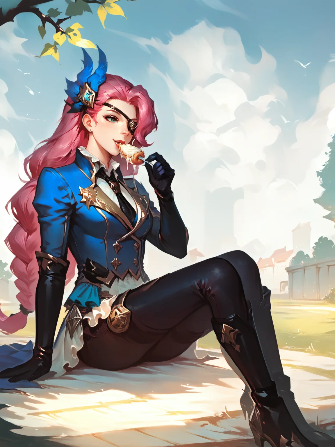 score_9, score_8_up, score_7_up, BREAK, LesleyMLBB, 1girl, solo, Long pink hair, hair over one eye, eye patch, blue hairpin, blue jacket, white shirt, black tie, black gloves, (dark blue pants), high black boots, a park, eating icecream, concept art, sunny day, <lora:LesleyMLBB:1>  <lora:Concept Art Style SDXL_LoRA_Pony Diffusion V6 XL:1>