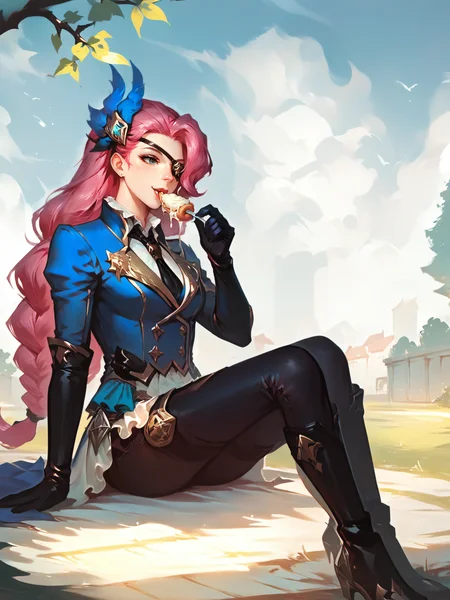 score_9, score_8_up, score_7_up, BREAK, LesleyMLBB, 1girl, solo, Long pink hair, hair over one eye, eye patch, blue hairpin, blue jacket, white shirt, black tie, black gloves, (dark blue pants), high black boots, a park, eating icecream, concept art, sunny day, <lora:LesleyMLBB:1>  <lora:Concept Art Style SDXL_LoRA_Pony Diffusion V6 XL:1>