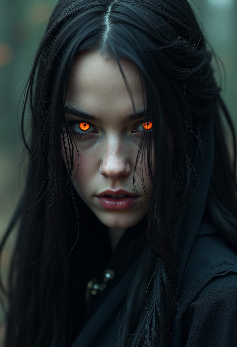 an extremely photo-realistic photography of A powerful female mage with long dark hair and intricate robes,  dark fantasy landscape, ultra-realistic textures, ultra-high definition, photo-realistic, highly detailed, natural and dynamic lighting, realistic shadows, cinematic, hyper-realism
Close-up of Face obscured by hair, only glowing eyes visible.lips slightly parted,