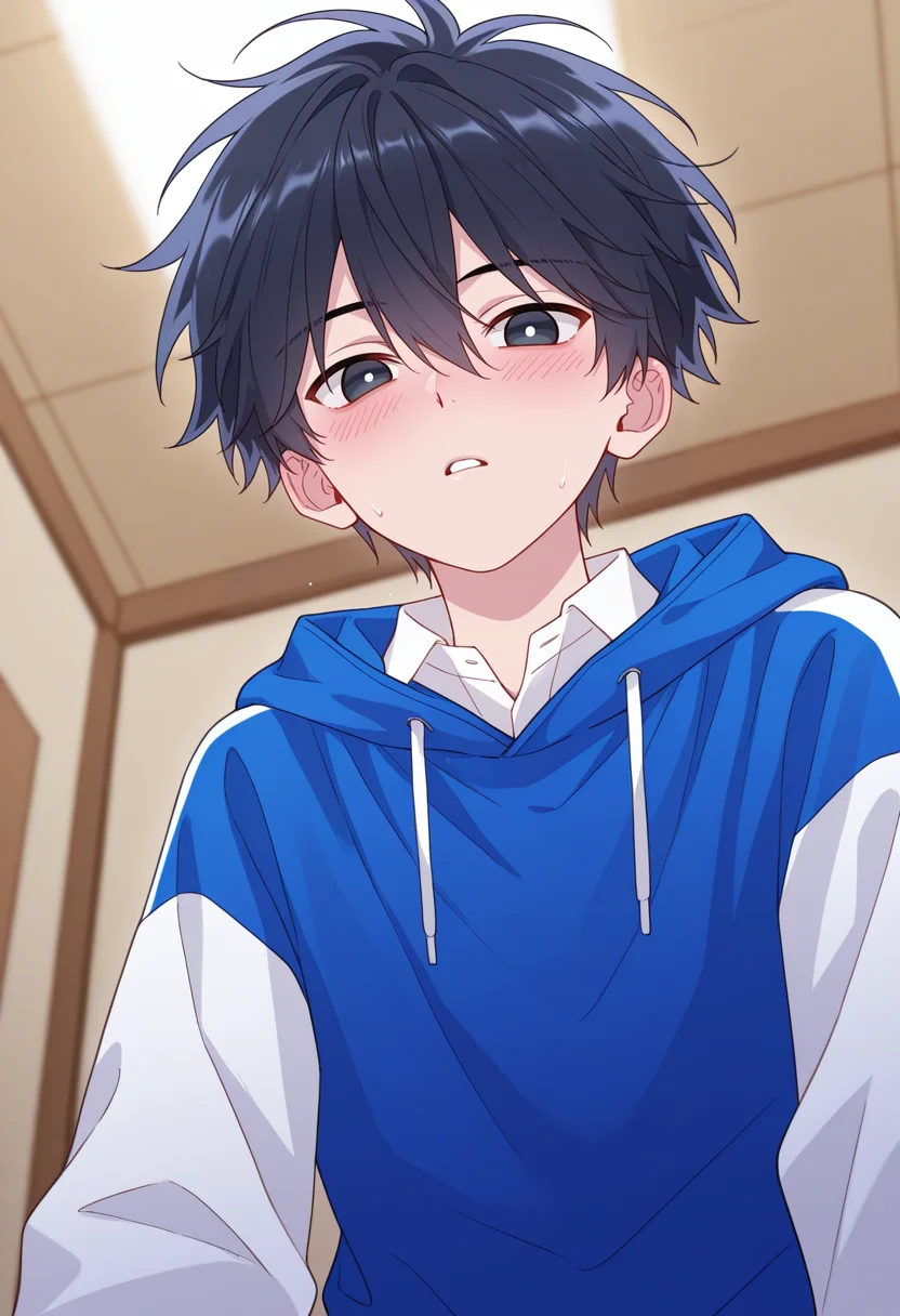 masterpiece, best quality, amazing quality, anime coloring, official style , , , 1boy, solo, male focus, BREAK <lora:xian-yi:0.72>,qin xian, blush,looking at viewer, short hair, shirt, black hair, hair between eyes, messy hair, white shirt, upper body, parted lips, collared shirt, indoors, hood, black eyes, blue hoodie, hood down, sportswear, white sleeves, from below, young boy