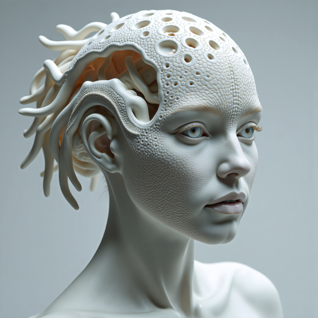 breathtaking Feast your eyes upon this astonishingly lifelike sculpture of a synthetic coral girl, whose organic form has been expertly molded to mimic the complex structure of a neural network. Devoid of hair, her mechanical visage boasts an unsettling yet captivating pattern of trypophobic indentations, drawing the viewer in with a magnetic pull. Crafted from lustrous white porcelain, her flawless skin reflects the soft glow of natural lighting, casting intricate shadows that reveal the staggering level of detail contained within. Boasting razor-sharp focus and hyperrealistic textures, this masterwork pushes the limits of photorealism to previously unexplored heights. Every minute crease and fold has been meticulously reproduced, resulting in an incredibly lifelike representation that seems almost poised to spring forth from the screen. Shot using top-of-the-line DSLR equipment capable of recording in 8K UHD and HDR, this ultra-detailed image possesses a breathtaking clarity and depth rarely achieved in digital media. . award-winning, professional, highly detailed  <lora:scifi/moxiePunk_v20.safetensors:1.0>,  <lora:flux/Realism 2>, <lora:fantasy_portrait_by_cosmic>,