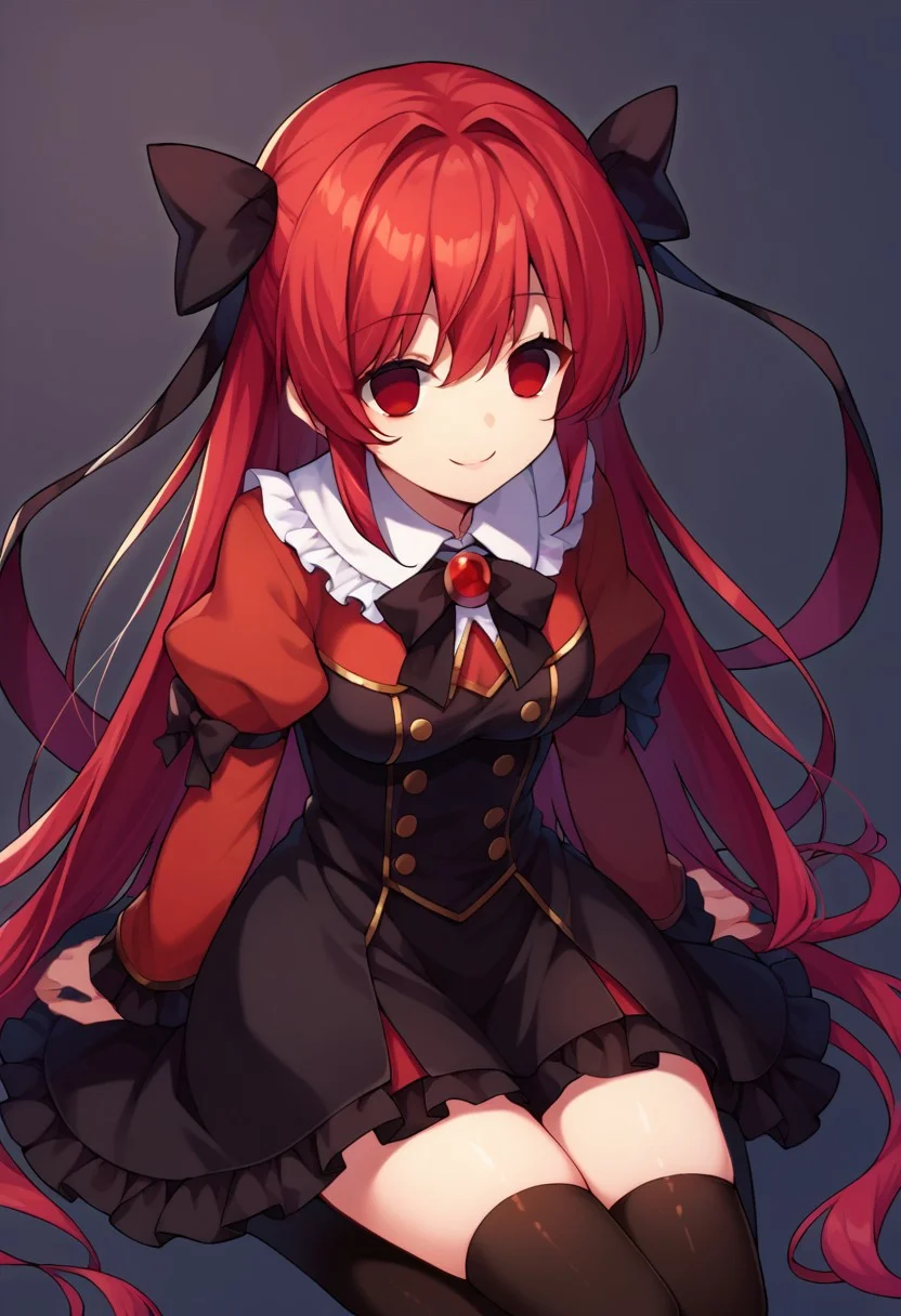 score_9, score_8, score_7, source_anime, empty eyes, bow, smile, ribbon, red eyes, thighhighs