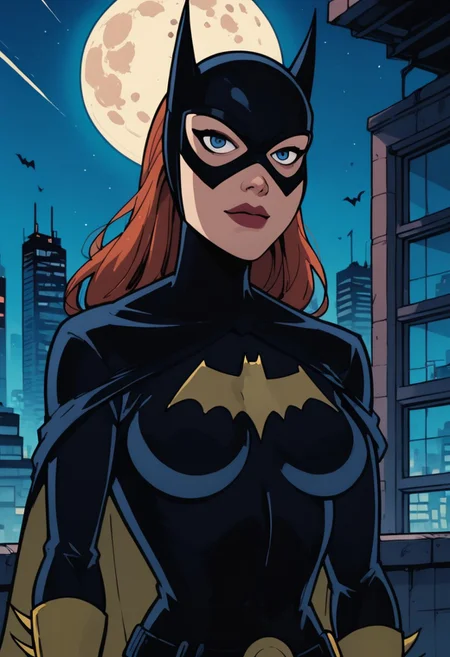 commix style, zPDXL3, PnyCmicXLPOS, detailxl, portrait, three quarter view, perspective, solo, (1girl), woman, (kj_batgirl), bat ears, mask, blue eyes, lipstick, black bodysuit, medium breast, yellow gloves,  superhero, age 25, sideways glance, seductive smile, perfect quality, perfect eyes, detailed lips, night, outdoors, roof top, city skyline, full moon, depth of field