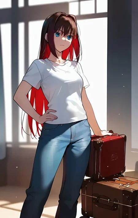 <lora:PONY_character_aozaki_aoko:1>,aozaki_aoko_red,  1girl, solo, jeans, denim, suitcase, pants, t-shirt, shirt, hand_on_own_hip, casual, score_9, score_8_up, score_7_up, score_6_up,1girl