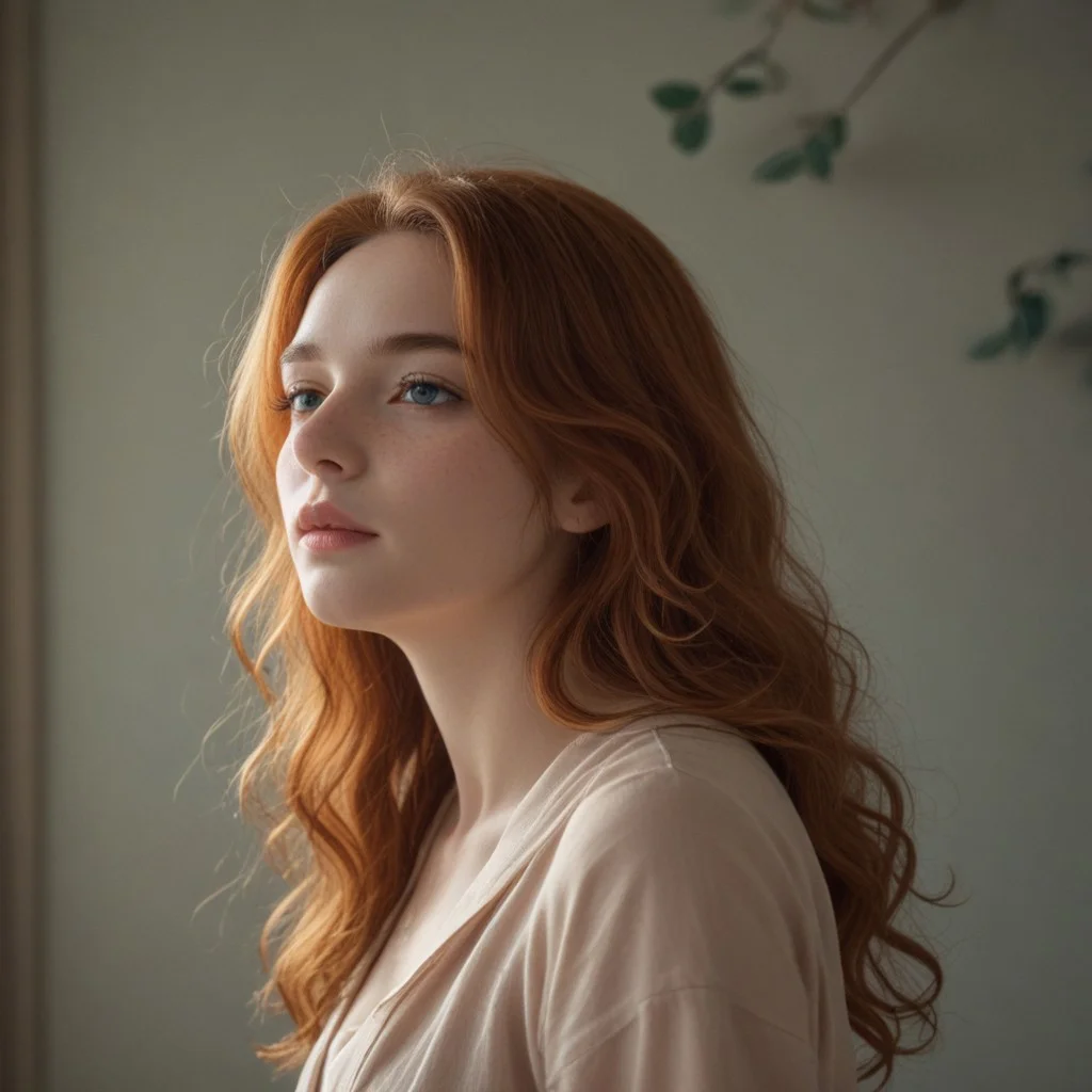 A side profile of a stunning redhead woman with bright and deep red long hair, curly hair that frames her face beautifully, She has clear and luminous blue eyes, smooth and fair skin with a subtle glow and freckles, the expression on her face is gentle and confident, slightly parted lips, The lighting is soft and natural, creating a warm and inviting atmosphere. The overall mood is serene and captivating, attention to detail in the texture of her hair and the sparkle in her eyes.