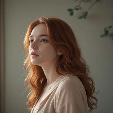 A side profile of a stunning redhead woman with bright and deep red long hair, curly hair that frames her face beautifully, She has clear and luminous blue eyes, smooth and fair skin with a subtle glow and freckles, the expression on her face is gentle and confident, slightly parted lips, The lighting is soft and natural, creating a warm and inviting atmosphere. The overall mood is serene and captivating, attention to detail in the texture of her hair and the sparkle in her eyes.