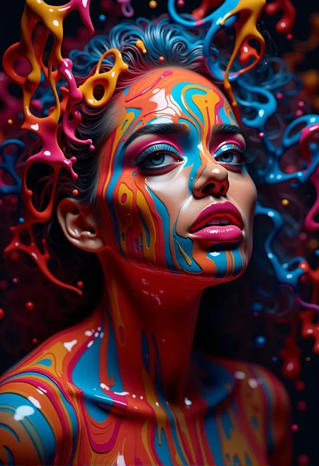 bv-colpaidri. A human face with painted abstract symbols, the paint enhancing the cheekbones, illuminated by studio light with a colored filter, set in an abstract color-filled space, conveying a mix of bold creativity, <lora:bv-colorful-paint-dripping-v1.safetensors:0.7000000000000001:0.7000000000000001>