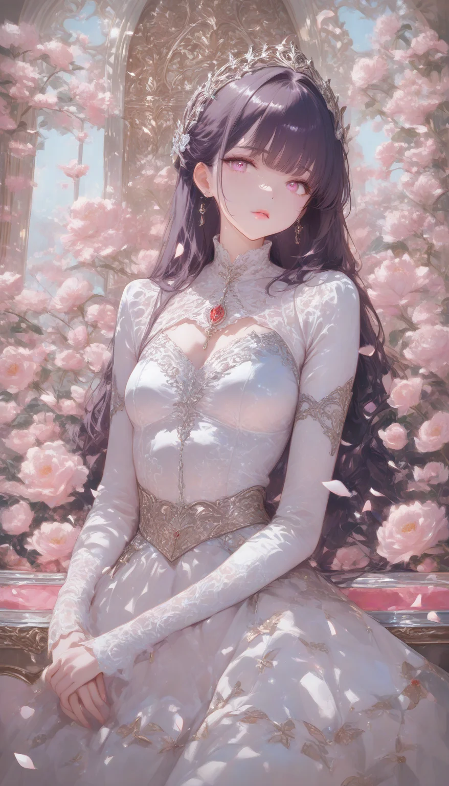 neonpunk style masterpiece,high score,great score,absurdres, <lora:Alice Prin_Complete:1>,Alice Prin (style, hair, dress, alice, prin), ., Naerys had the Targaryen looks, a fine and delicate beauty, almost unworldy. She was slender and small, with big deep violet in hue eyes and fine, pale, porcelain skin, near translucent. Naerys Targaryen. . cyberpunk, vaporwave, neon, vibes, vibrant, stunningly beautiful, crisp, detailed, sleek, ultramodern, magenta highlights, dark purple shadows, high contrast, cinematic, ultra detailed, intricate, professional