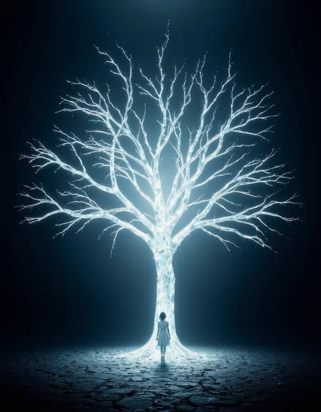 <lora:ck-waterworld:1> transparent, A luminous, ethereal tree, glowing with soft, cool-white light, stands in a cracked, dark-toned landscape. The tree's branches and trunk are composed of shimmering, translucent lines, resembling a nebula or glowing energy. The roots of the tree extend out to the ground, also composed of bright, illuminated threads. A silhouette of a woman in a simple dress is walking towards the center of the tree, creating a sense of quiet contemplation. The ground is a dark, cracked earth, with the cracks echoing the luminous energy of the tree's roots. The overall aesthetic is dreamlike and mystical, using impressive light effects, creating a sense of otherworldliness and spirituality. The colors are mainly dark blues, whites, and soft, luminous accents, without strong saturated colors. The style is impressionistic with a surreal, dreamlike feel. Very large format. . 35mm photograph, film, bokeh, professional, 4k, highly detailed