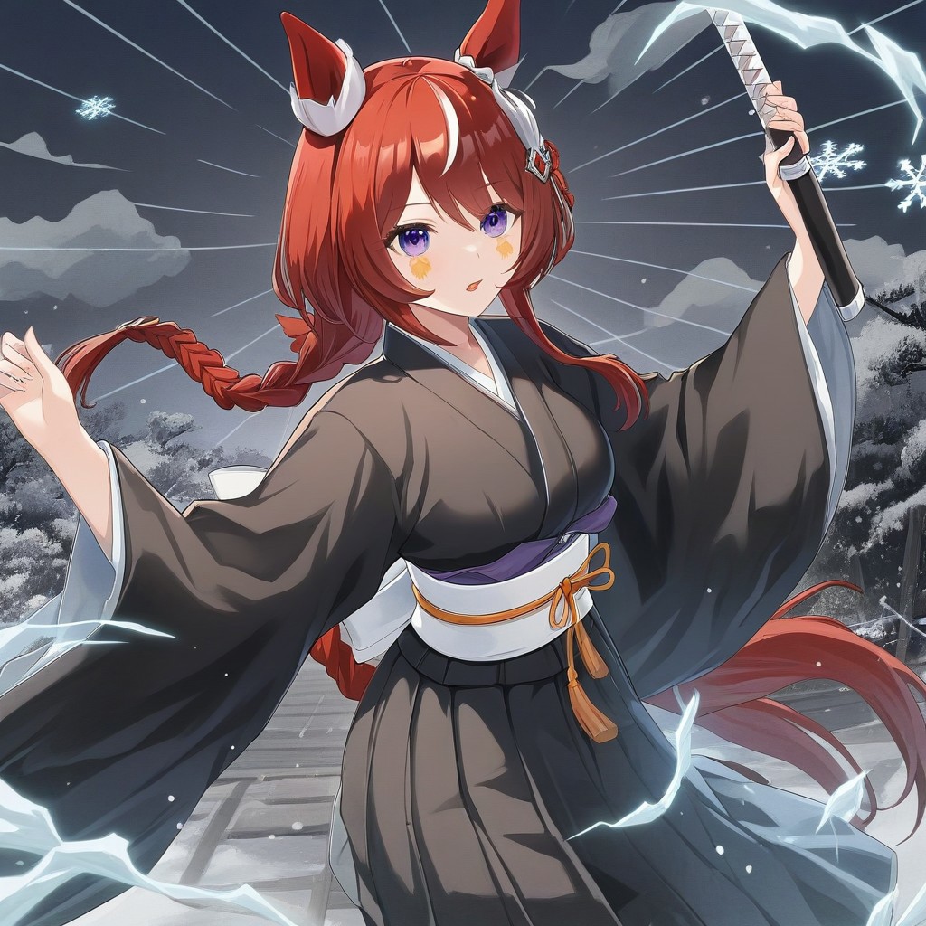 score_9,score_8_up,score_7_up,score_6_up,win variation \(umamusume\),1girl, source_bleach,purple_eyes,curvy,source_anime,glowing eyes,Sinoink,long braid,short hair,symmetrical,(bleach, solo, japanese clothes, black kimonoblack kimono shirt),white sash, (katana),tongue,blush_stickers,frown,glowing white aura,snowflakes, ice,masterpiece,best quality,newest,absurdres,best shadow,Sinoink
highly detailed background,detailed skin,very detailed clothes, (power_lines),(speed_lines),(emphasis_lines),(notice_lines),HD, <lora:add-detail-xl:1.5>