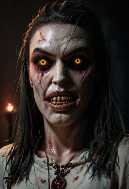 score_9, score_8_up, score_7_up, score_6_up, source_real, source_photo, a 3/4 three-quarters length portrait, WitcherToxinV1 , heavytoxin, veins, black veins, veins, 1girl, deadite woman , female deep one, valak, source_real, source_photo, in the style of the Exorcist movie, exorcist style, a possessed woman, bloodless lips, valak, Body horror, pale body, yellow eyes, long black hair, grey skin, black veins, monster, scary, paranormal, pale, black veins, long tangled black hair, teeth, hands on hips, front view, very pale skin, very pale grimy filthy skin, evil smile, demonic possession. Evil smile, a possessed woman,, yellow eyes, large breasts, hands by side, floating in mid-air, floating above ground, stained filthy white open old-fashioned stained filthy tattered nightgown, stained filthy basic Victorian nightgown, long nightgown,long sleeves, black pupils,  red lighting, bedroom with peeling wallpaper, horror, scary face, monstrous, evil, claws, red lighting, Expressiveh, g0thicPXL, glowing, neon,, zPDXL2, exorcist style