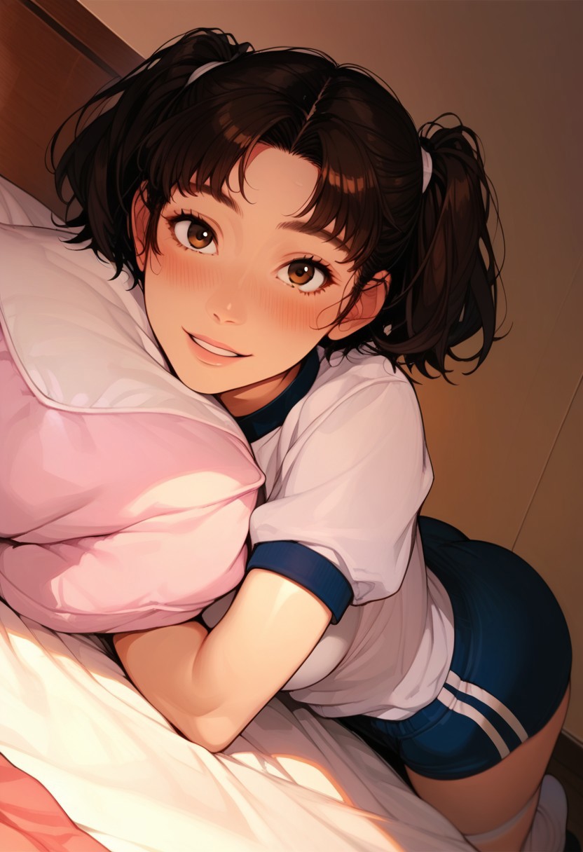 (score_9, score_8_up, score_7_up, score_6_up), dynamic angle, anime realism, UHD, beautiful, 8k, source_anime, (anime style:1.1), Semi-realism, 1girl, solo focus, sayu hisanuma, short hair, brown hair, brown eyes, two side up, medium breasts, on stomach, on bed, pillow hug, blush, happy, smile, gym uniform, (full body:1.2), socks,