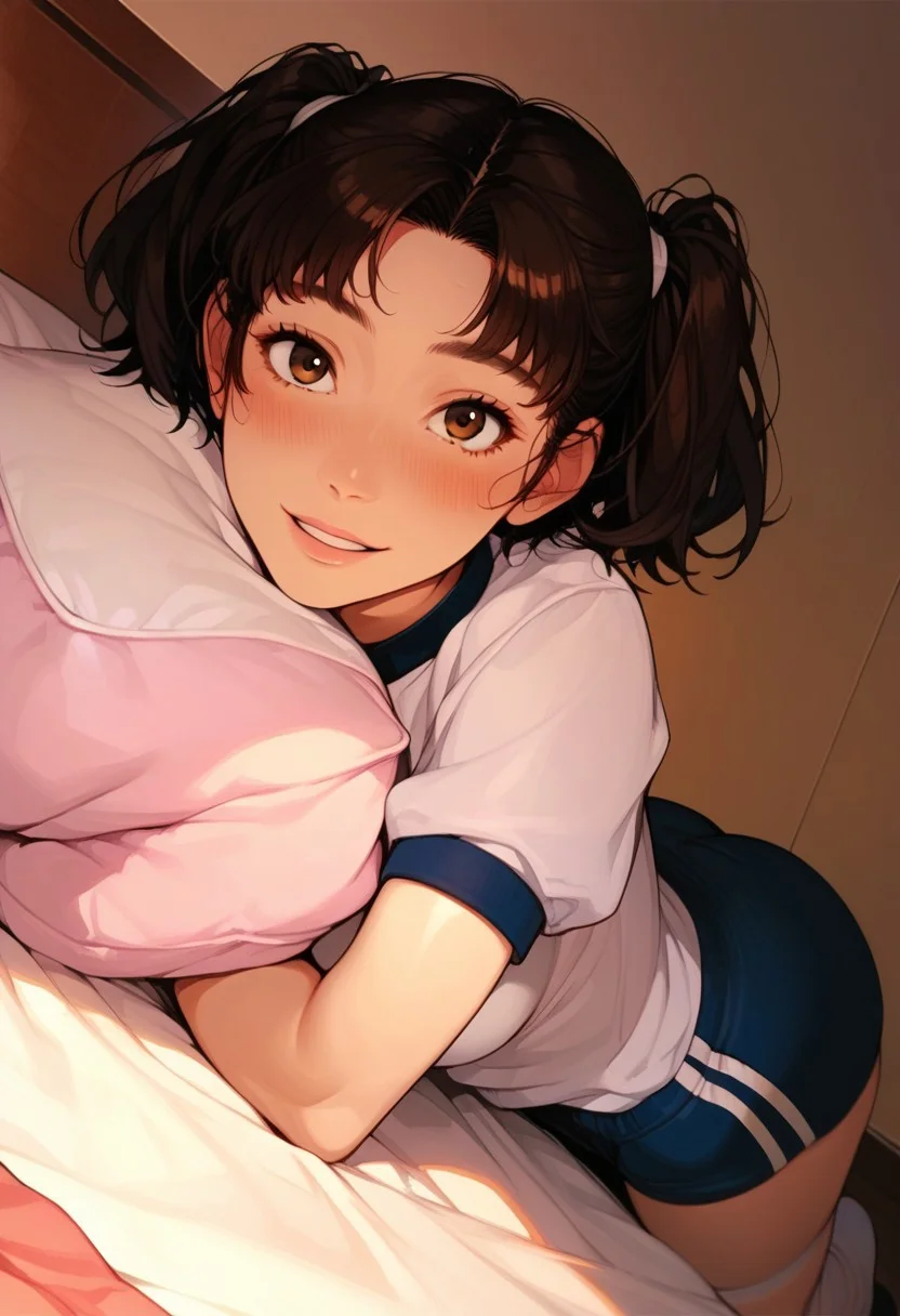 (score_9, score_8_up, score_7_up, score_6_up), dynamic angle, anime realism, UHD, beautiful, 8k, source_anime, (anime style:1.1), Semi-realism, 1girl, solo focus, sayu hisanuma, short hair, brown hair, brown eyes, two side up, medium breasts, on stomach, on bed, pillow hug, blush, happy, smile, gym uniform, (full body:1.2), socks,