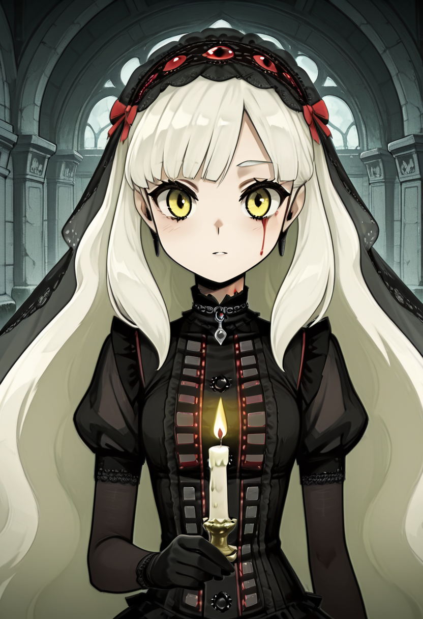 masterpiece, best quality, 1girl, solo,   zzMayu, black chains draped across shoulders, gothic collar with hanging silver cross, yellow eyes glowing beneath dark bangs, high-neck ruffled top, silver embroidery, torn veil, cold breath in the air, foggy mausoleum interior, flickering candle in hand, faint blood mark on neck  Mayu stands still, surrounded by stone tombs and the scent of old incense. Chains rattle softly as she shifts, her candlelight barely illuminating her haunted gaze. Her grip tightens, but her face remains sereneâas if expecting the dead to answer.     narrow waist, upper body,   , <lora:MAYULoveLogic_IXL:1.0>,  <lora:VampieNAI:0.7>,