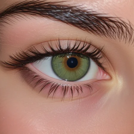 mix of green and brown, big eyelashes, large pupil, hit by light